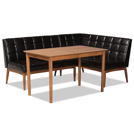 Baxton Studio Sanford Mid-Century Dark Brown Faux Leather and Walnut Brown Finished Wood 3-PC Dining Nook Set 184-11343-9305-Zoro
